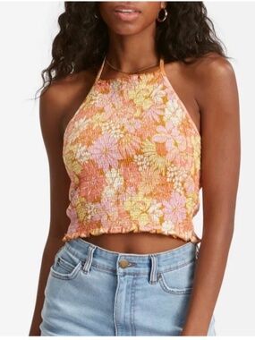 NEW Billabong Halter Crop Top Floral Smocked Strappy Cotton Tank Stretchy Small